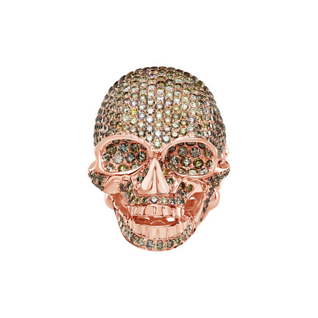 Prsten s bílými a hnědými diamanty Diamond Skull