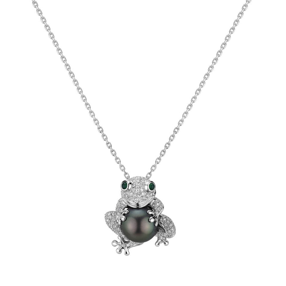 Brož s perlou ,diamanty a granáty Fantasy Frog