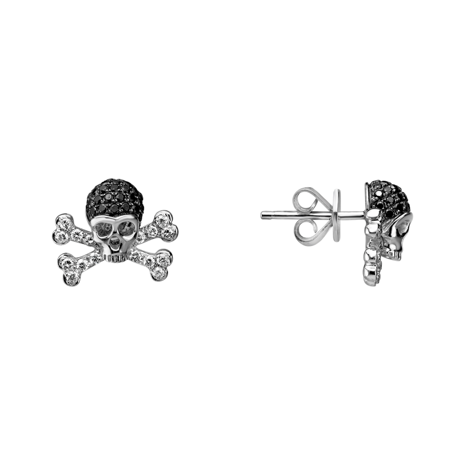 Náušnice s bílými a černými diamanty Luxury Skull