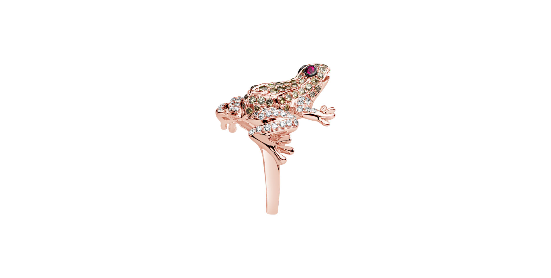 Prsten s bílými a hnědými diamanty a rubíny Miracle Frog
