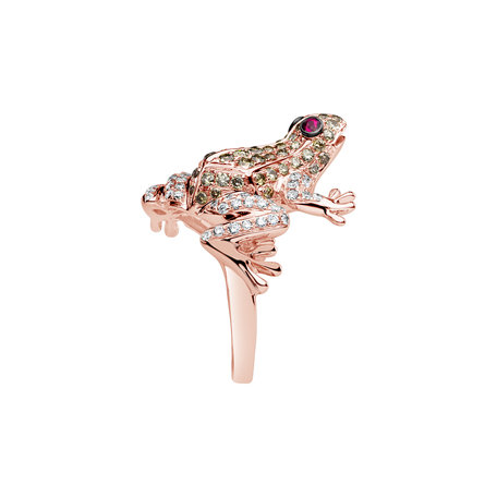 Prsten s bílými a hnědými diamanty a rubíny Miracle Frog