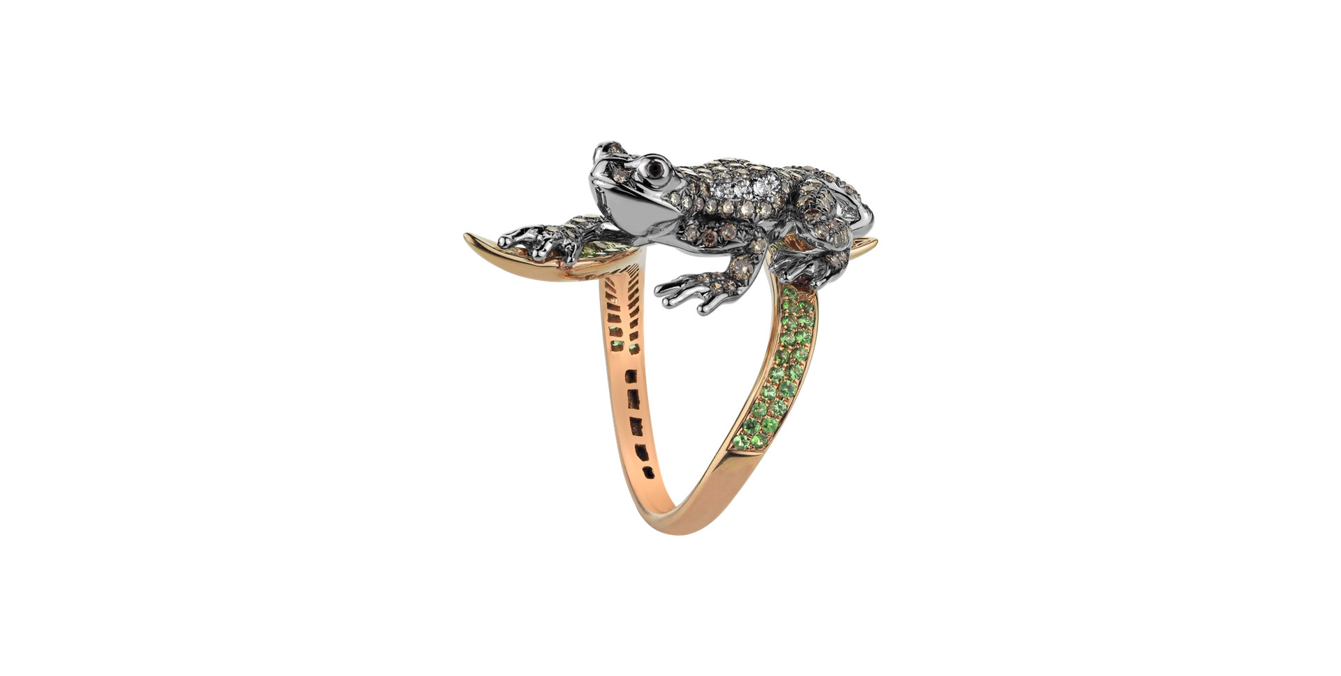 Prsten s bílými, hnědými a černými diamanty a granáty Luxury Frog