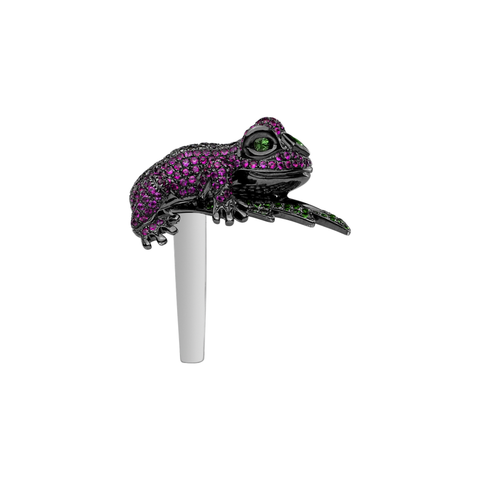 Prsten s černými a bílými diamanty, safíry a granáty Fairy tale Frog
