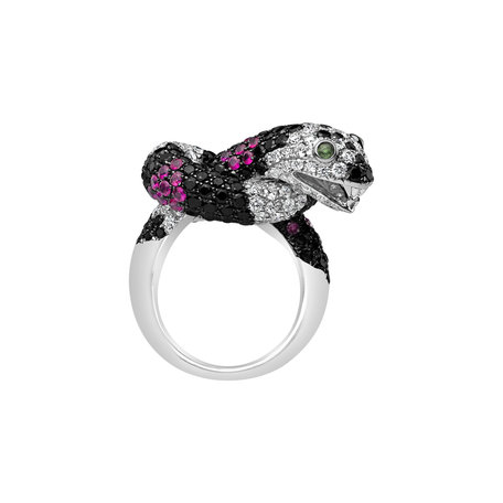 Prsten s černými a bílými diamanty, granáty a rubíny Black and White Snake