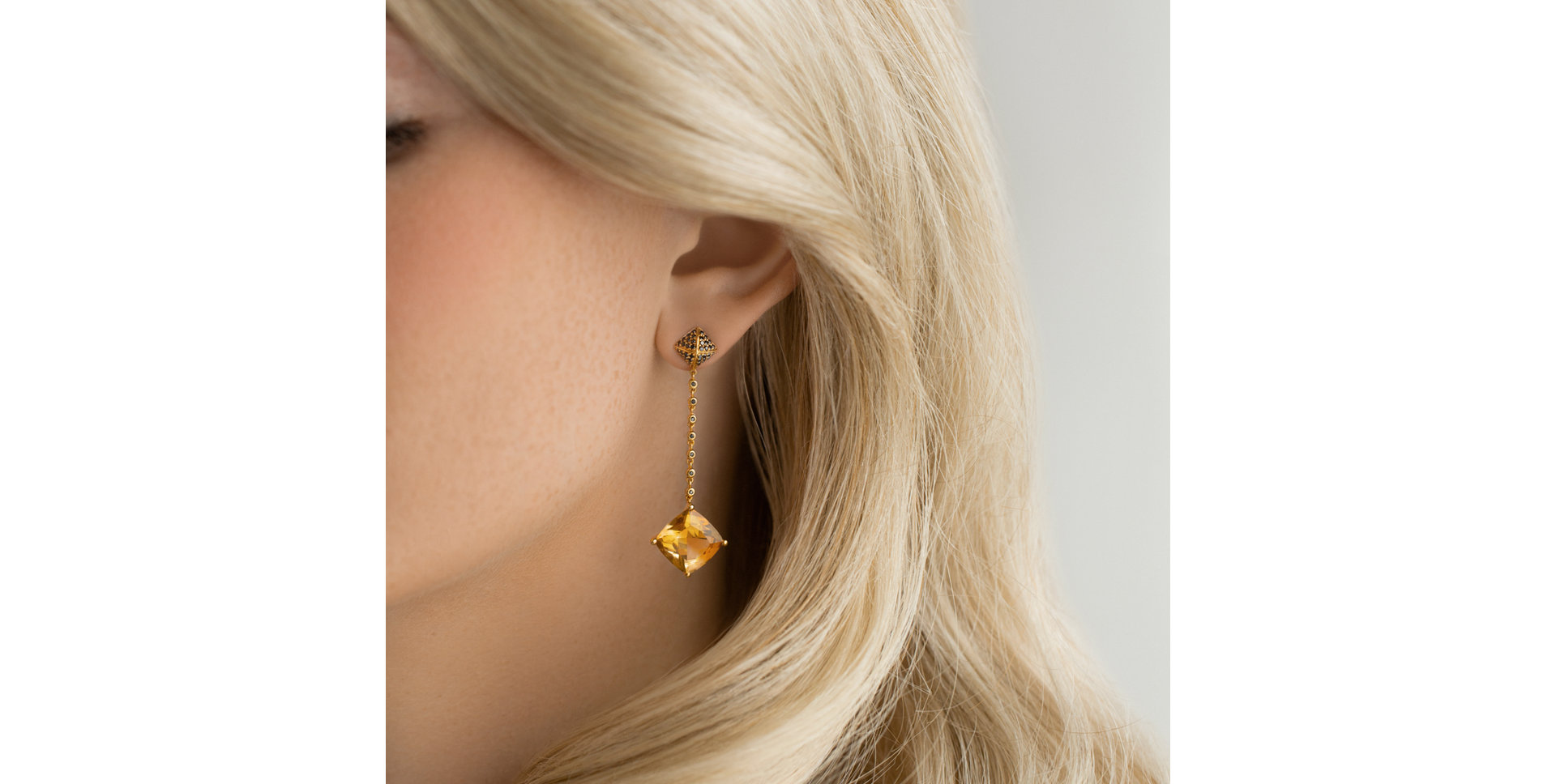 Náušnice s citrínem a černými diamanty Fairy Chain