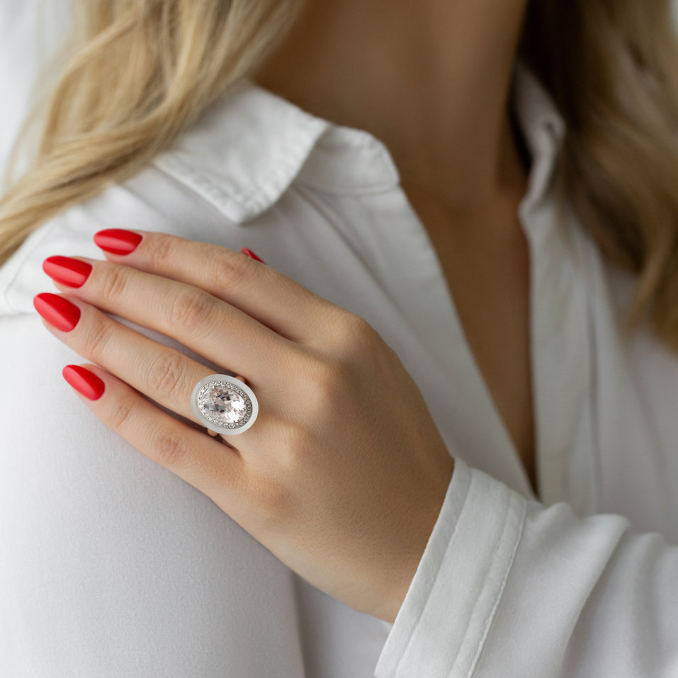 Prsten s morganitem, diamanty a quartzem Quintilius