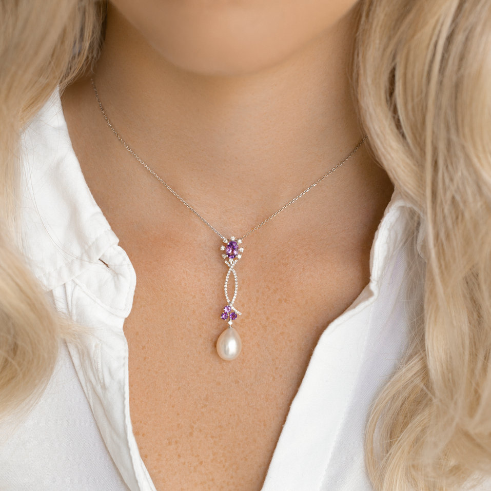 Přívěs s perlou, diamanty a ametysty Secret of Underwater Flowers