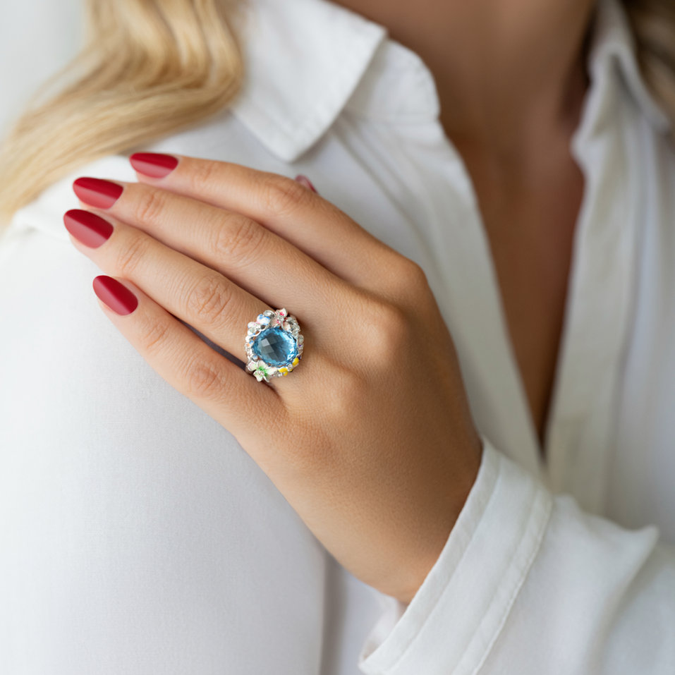 Prsten s topazem, diamanty a emaily Flower Liberty