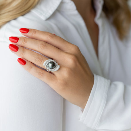 Prsten s perlou a diamanty Midnight Pearl