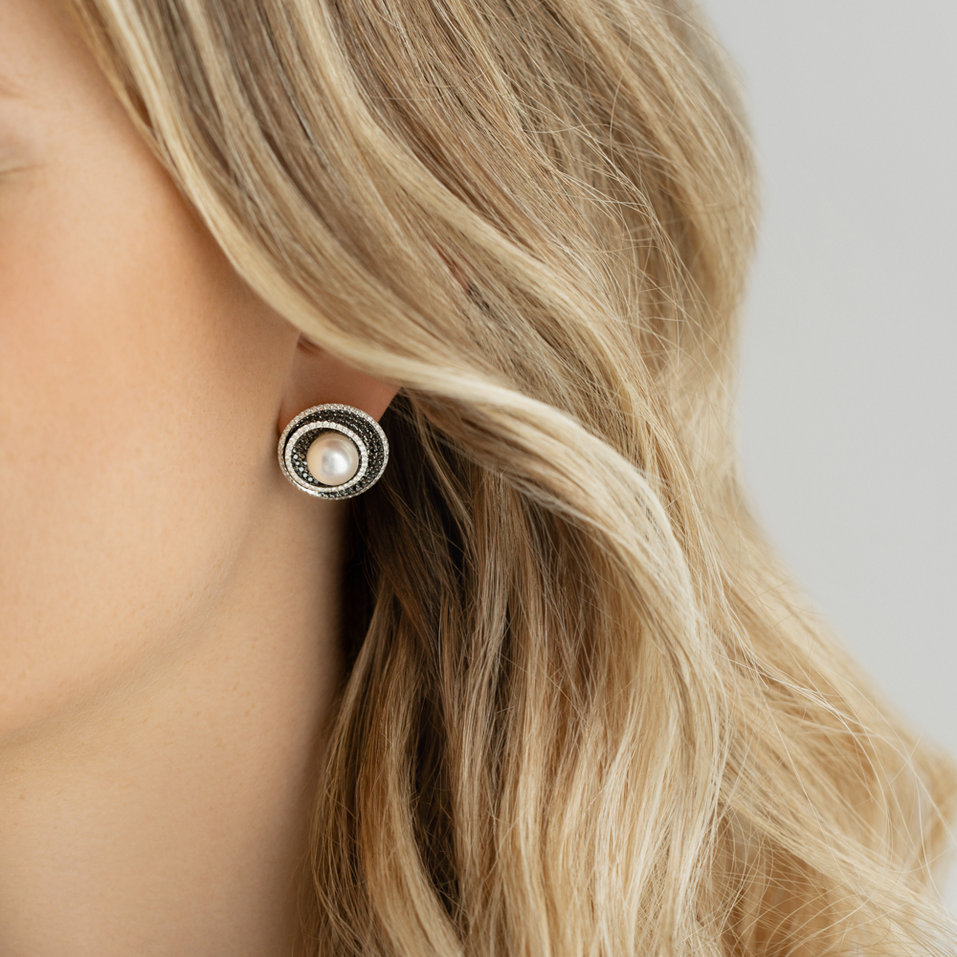 Náušnice s černými a bílými diamanty a perlou Anapos Dream