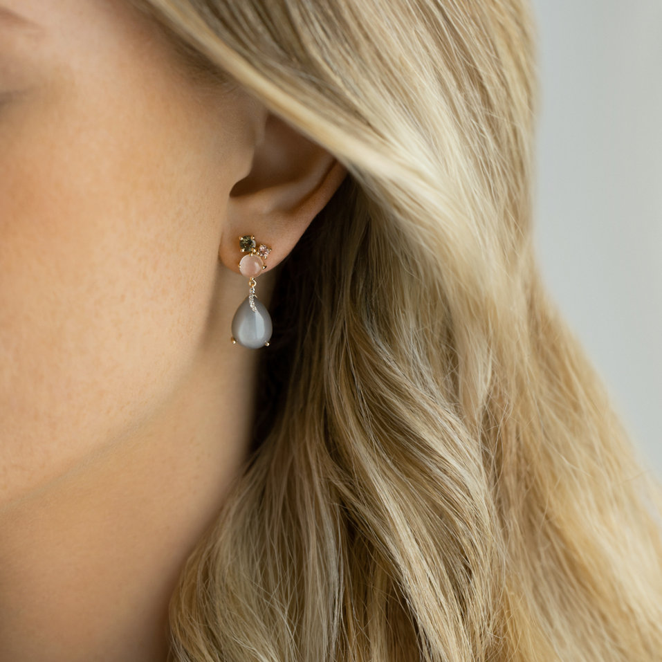 Náušnice s diamanty, měsíčním kamenem, turmalínem a růženínem Alpenglow Rain