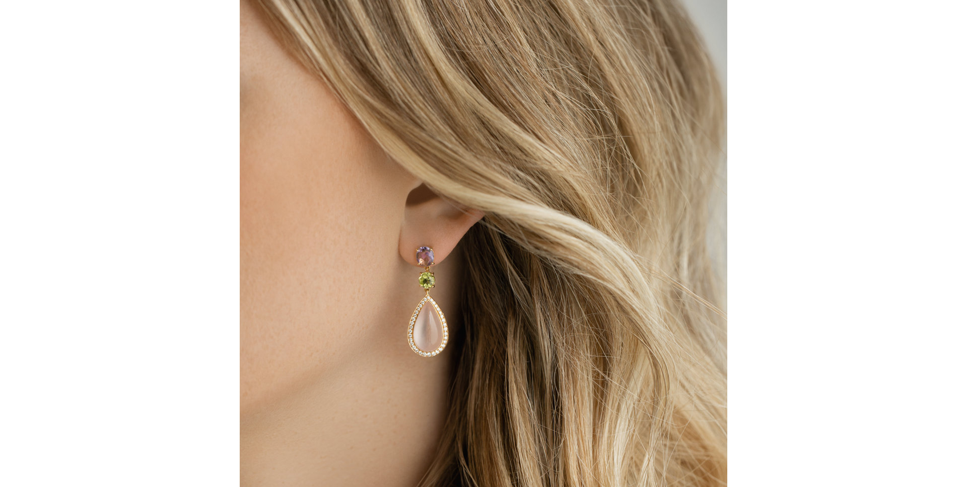 Náušnice s diamanty, ametystem, růženínem a peridotem Petal of Love