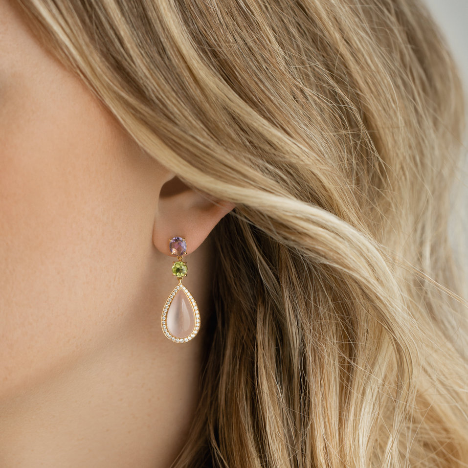Náušnice s diamanty, ametystem, růženínem a peridotem Petal of Love