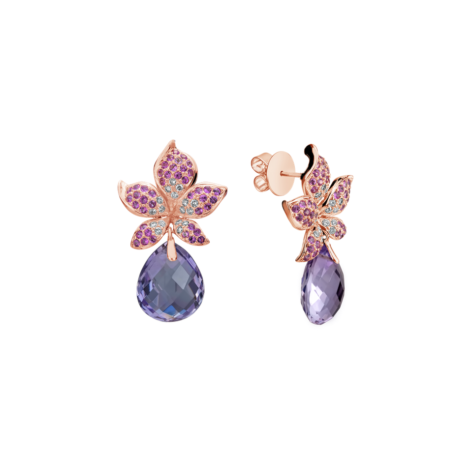 Náušnice s diamanty, ametystem a safíry Plumeria Paradise